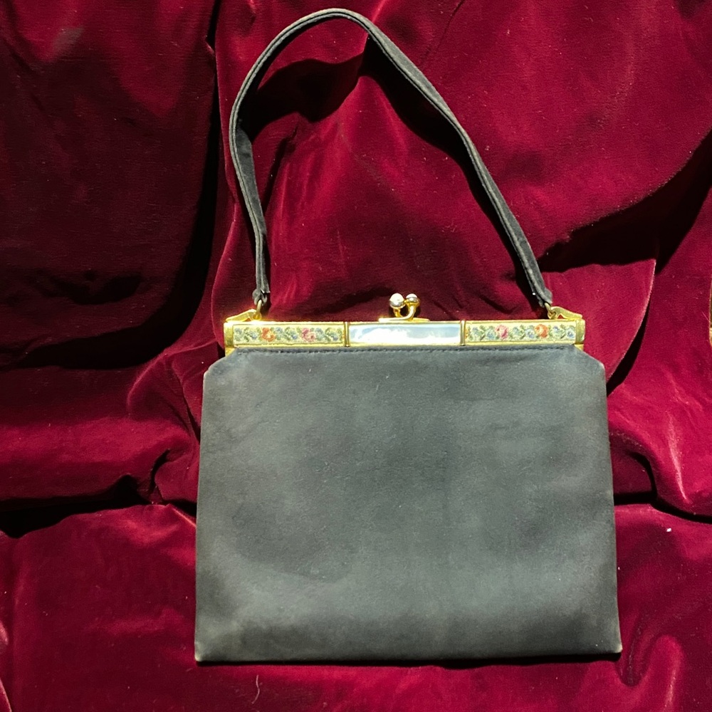 Vintage Saks Fifth Avenue  Black suede Handbag with Gold Frame